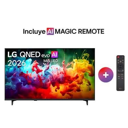 A vista frontal da LG QNED AI QNED70 Mini LED, lançada em 2026, preenche a tela com respingos vívidos e fluidos de movimento multicolorido, à medida que as cores finamente sobrepostas se dispersam suavemente pela tela.